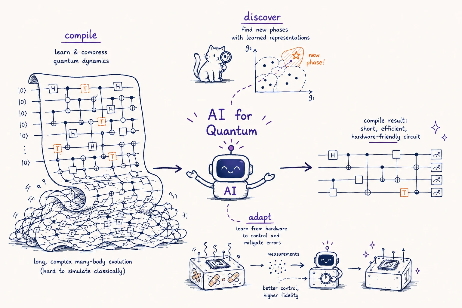 Three roles for machine learning in quantum computing: compiling long dynamics into short circuits, discovering new phases from learned representations, and adapting to hardware feedback.