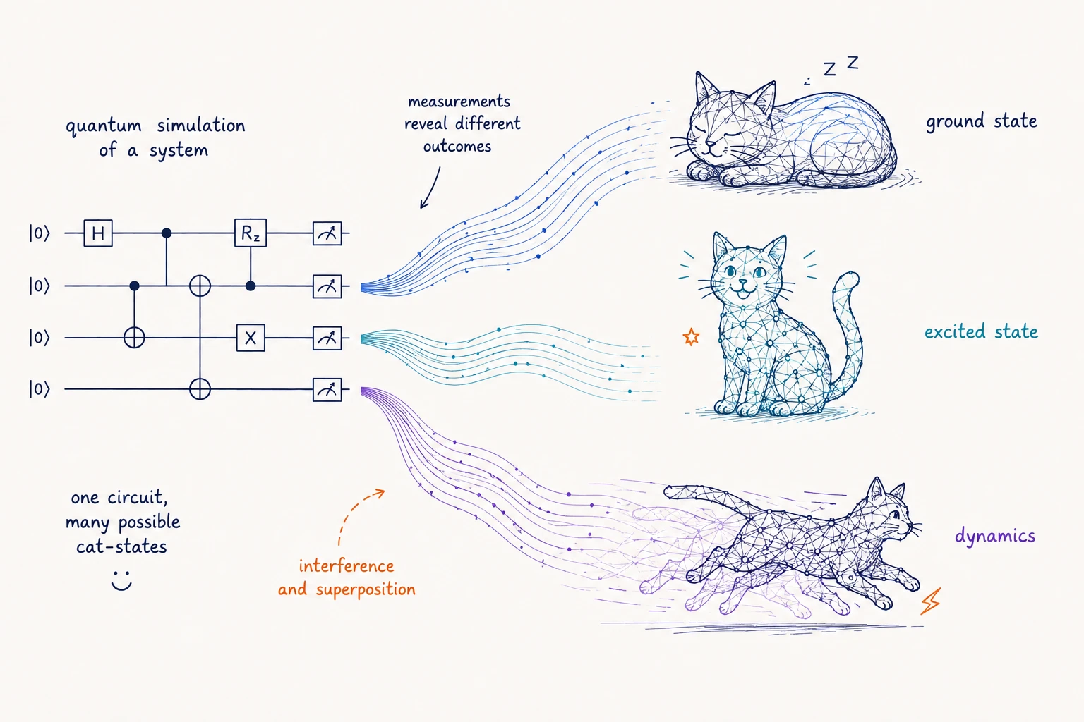 One quantum circuit whose measurements reveal different outcomes — ground state, excited state, and dynamics — drawn as three cats.
